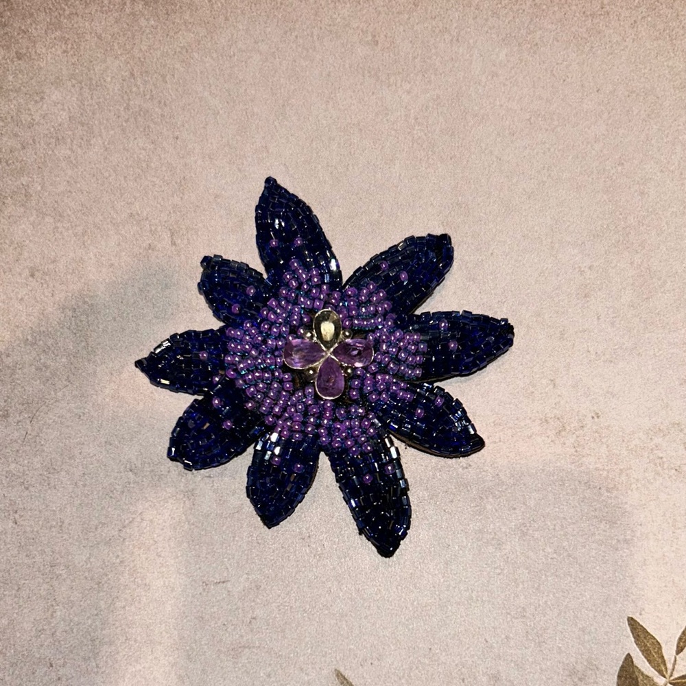 Elegant Purple Beaded Flower Brooch